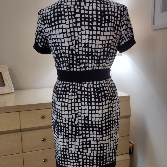 Chaps XL Black Ivory Abstract Classic Collared Short Sleeve Belted Shirt Waist - Picture 6 of 11